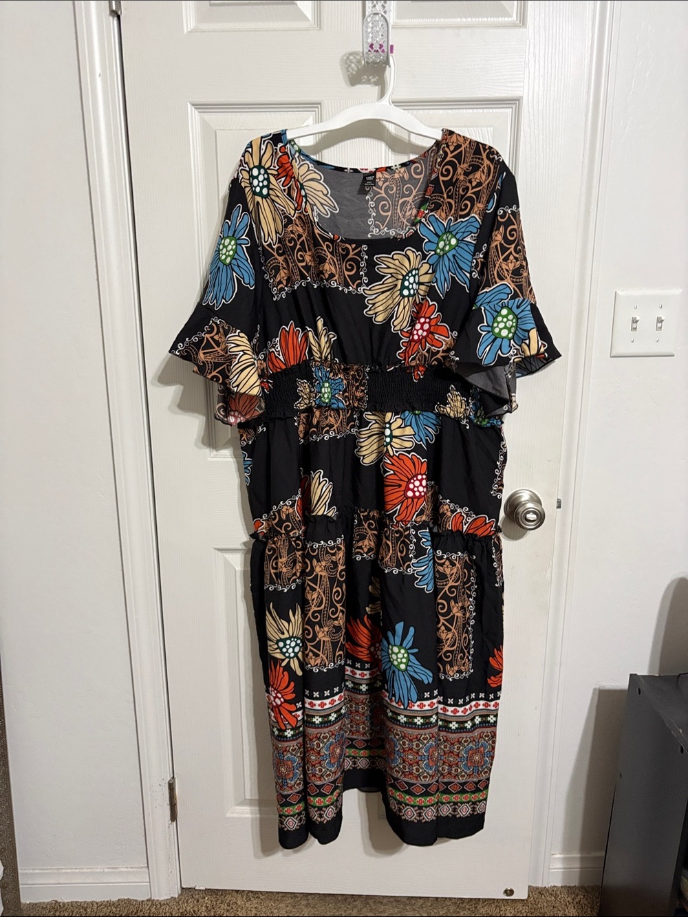 SHEIN Black Floral Tiered Midi Dress with Blue, Red, Cream and Tan Flowers